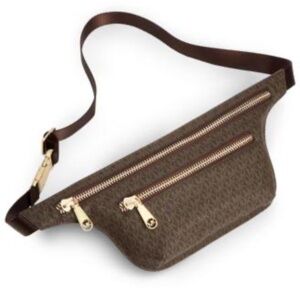 NWT MICHAEL KORS Unisex 2 Zip belt bag monogram Brown/Gold